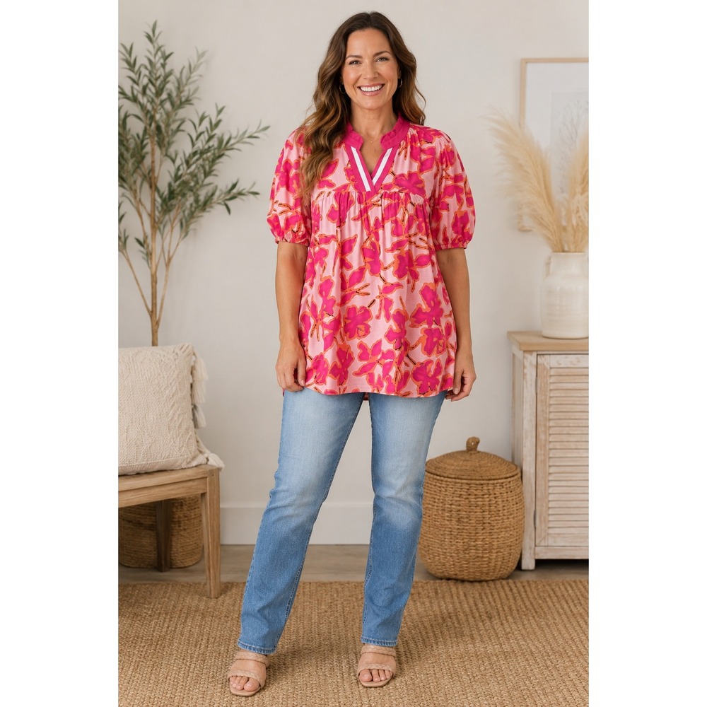 NWT Southern Stitch Dark/Light Pink Orange Floral Puff Sleeve Babydoll Top 2X